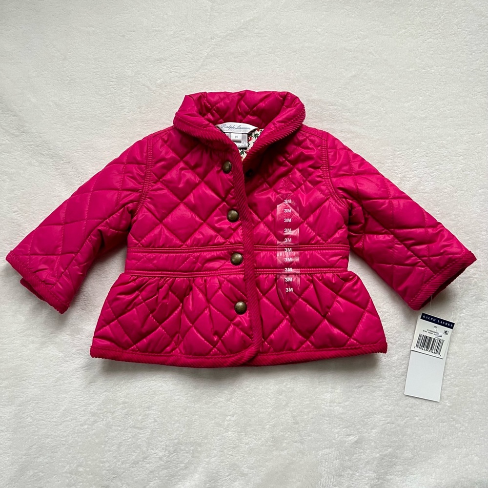New with tags! Ralph Lauren Baby Girl Quilted Barn Jacket, Pink, 3 Months